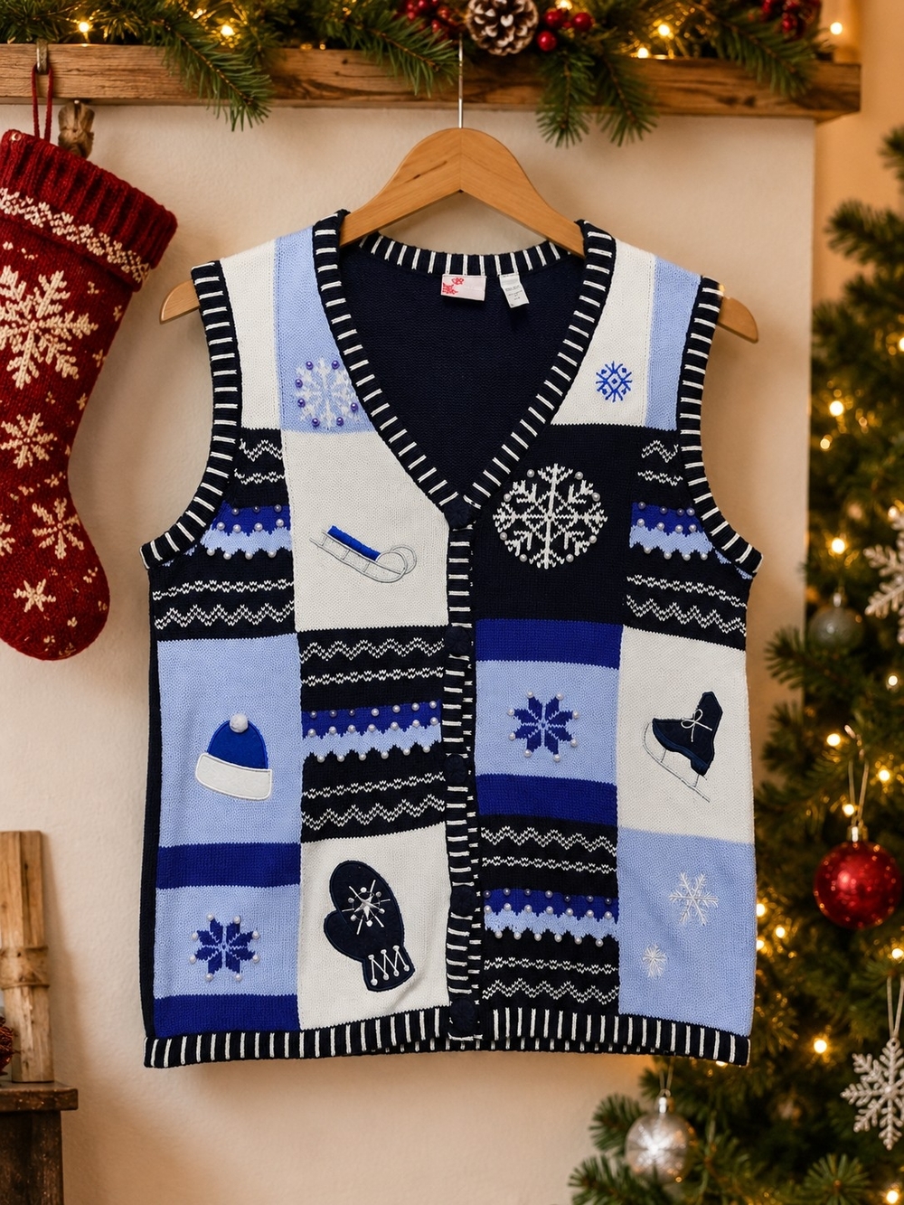🎄 Holiday Editions Christmas Sweater Vest Size M Blue Winter Snowflake Beaded